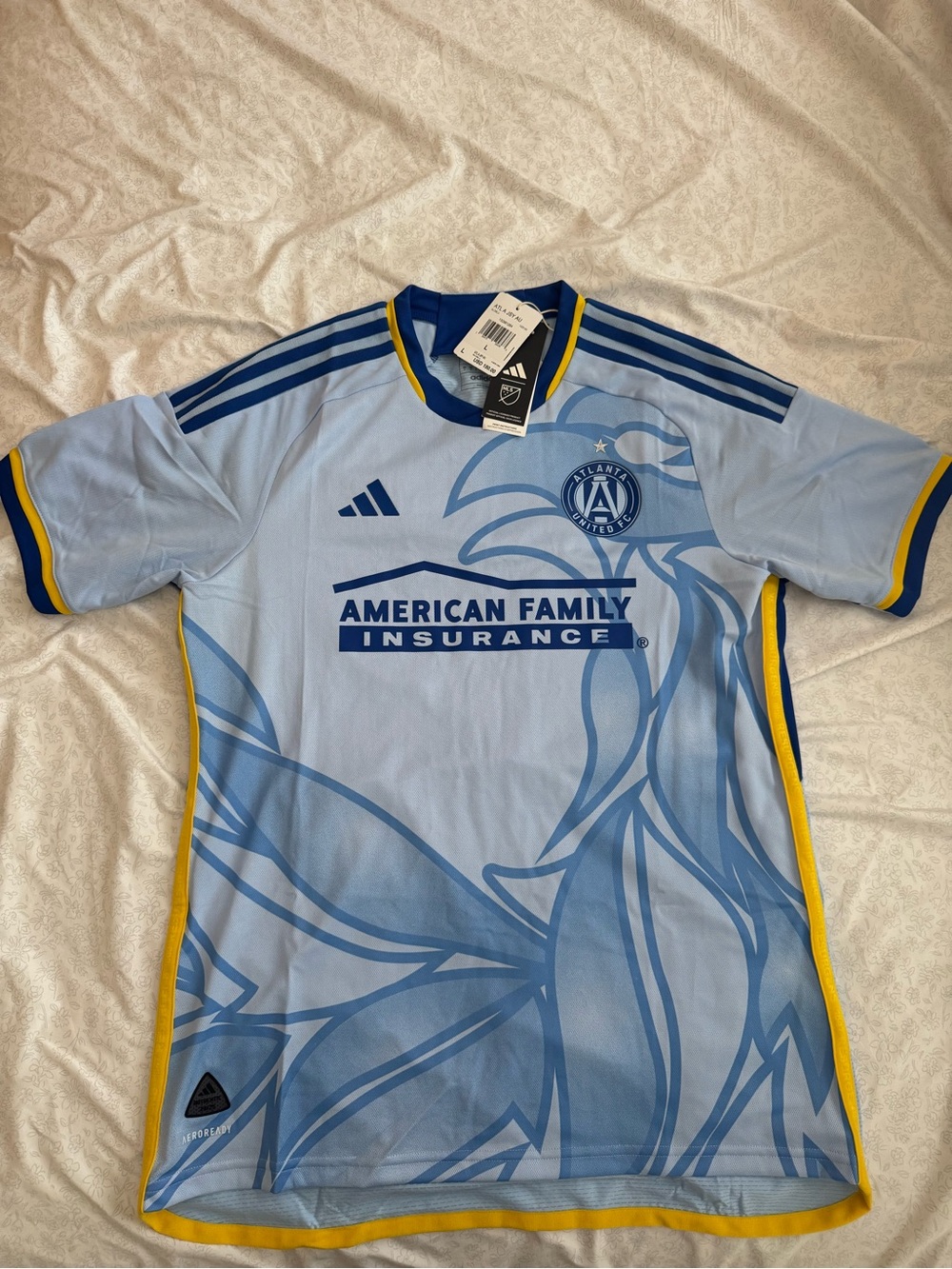 adidas Light Blue Atlanta United Soccer Jersey with Yellow Trim